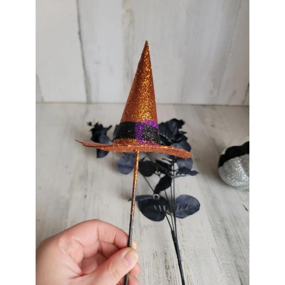 Halloween‎ flower pick witch hat flower Pumpkin set glitter
